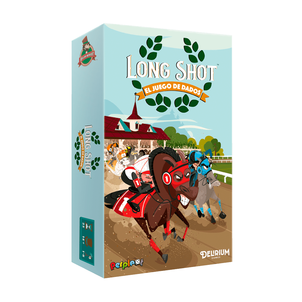 Caja del juego de mesa Long Shot con ilustración de caballos en hipódromo