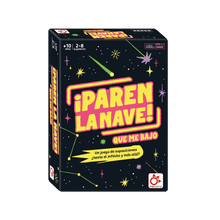 Caja del juego de mesa ¡Paren La Nave! con diseño espacial y estrellas