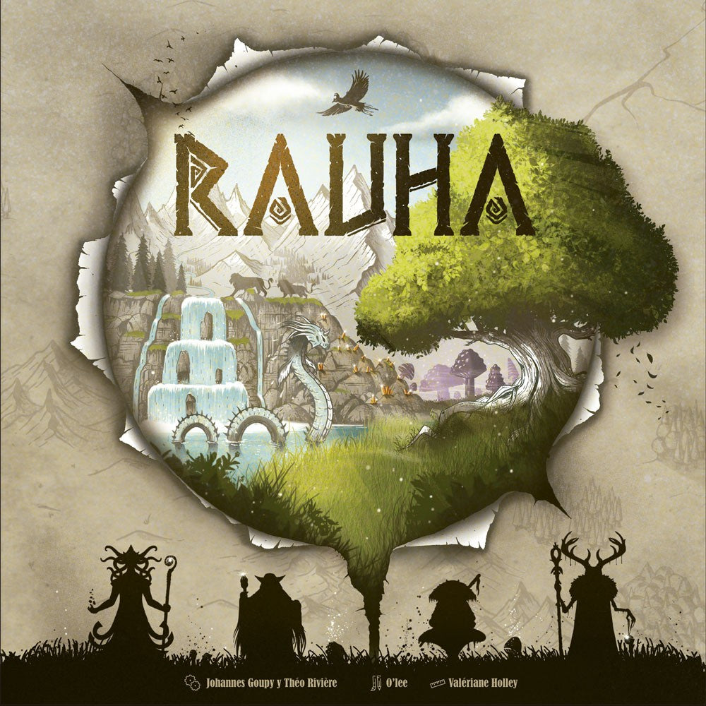 Portada del juego de estrategia Rauha con paisaje fantástico y dragón