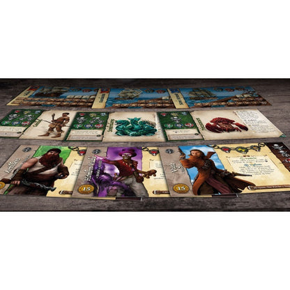 Tarjetas de personajes y escenarios ilustrados del juego de mesa narrativo Skull Tales