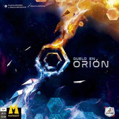 Portada expansión Duelo en Orión con nebulosa azul naranja y logotipos Maldito Games