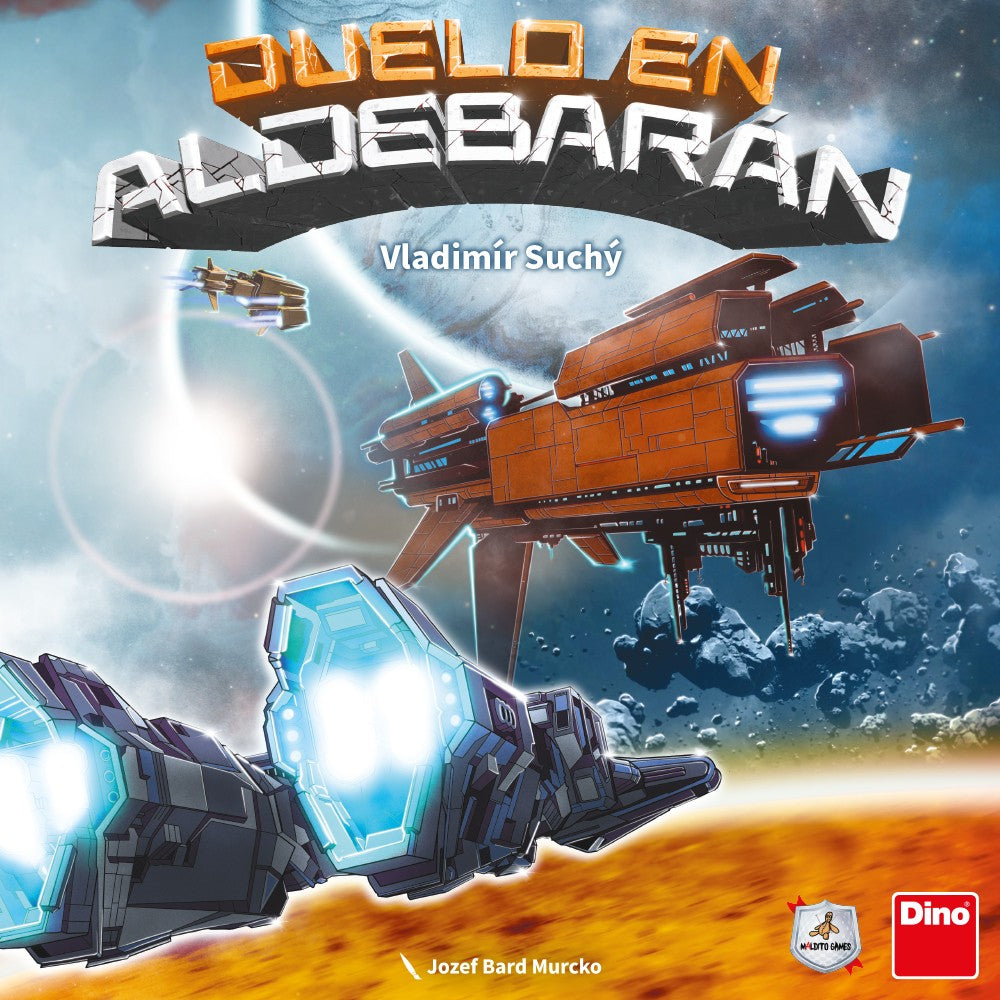 Portada juego de mesa Duelo en Aldebarán con naves espaciales futuristas y diseño de ciencia ficción