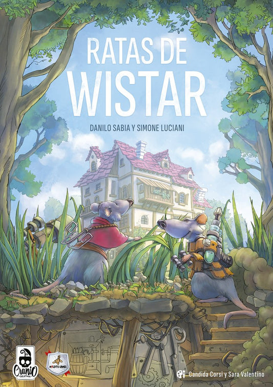 Portada del juego de mesa Ratas de Wistar ilustración de dos ratas en la hierba