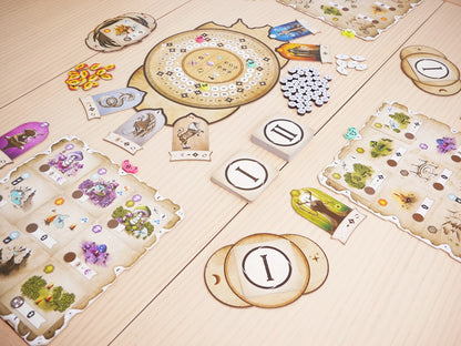 Vista general del tablero de juego Rauha con fichas y recursos listos