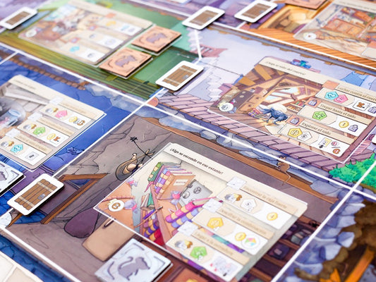 Tablero de juego Ratas de Wistar con tarjetas ilustradas y tokens de madera