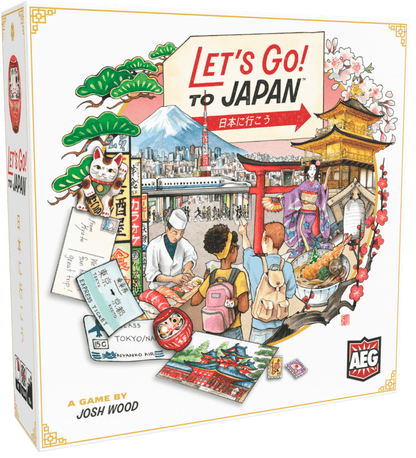 Juego de mesa familiar 'Let's Go! To Japan' con ilustraciones estilo acuarela de cultura japonesa