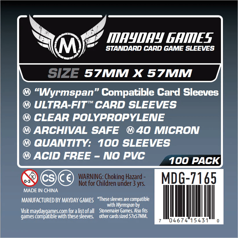 Funda de cartas Wyrmspan 57x57mm transparente, polipropileno sin PVC, 100 unidades