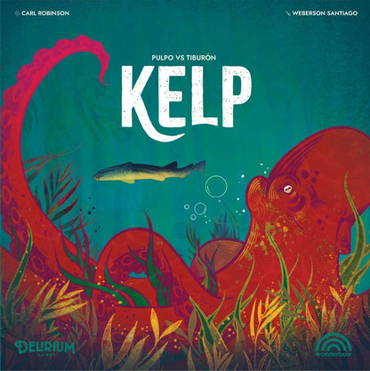 Portada del juego de mesa Kelp: Pulpo vs Tiburón con arte marino