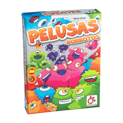 Caja frontal del juego de cartas Pelusas con ilustración vibrante de monstruos
