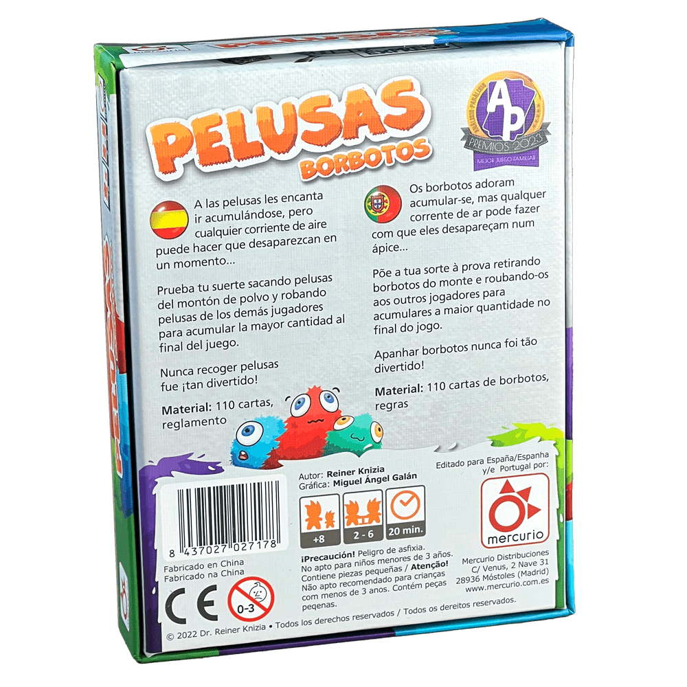 Parte trasera de la caja del juego de cartas Pelusas con iconos de edad y jugadores