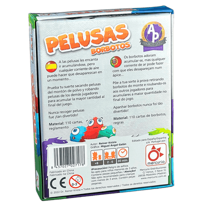 Parte trasera de la caja del juego de cartas Pelusas con iconos de edad y jugadores