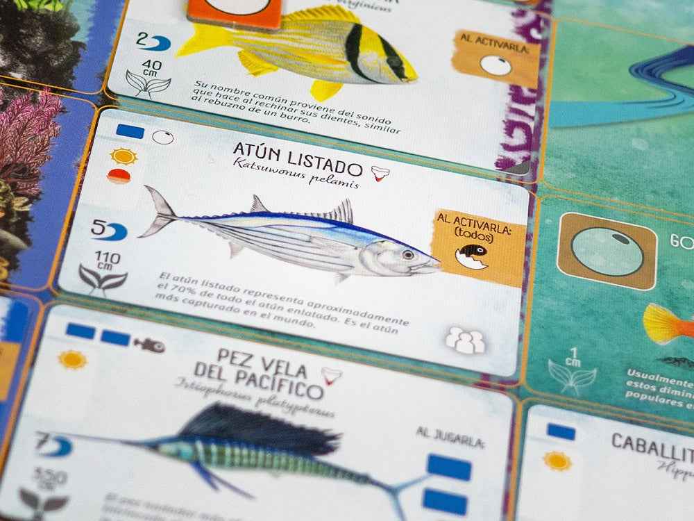 Cartas de Finspan con ilustraciones de atún listado y pez vela del Pacífico sobre tablero