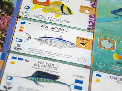 Cartas de Finspan con ilustraciones de atún listado y pez vela del Pacífico sobre tablero
