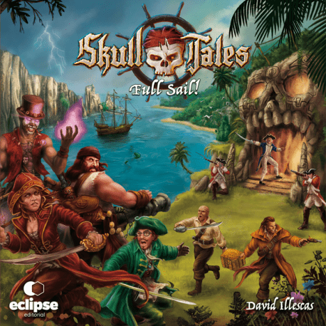 Portada del juego de mesa Skull Tales Tuff Sail con piratas y barco en el Caribe