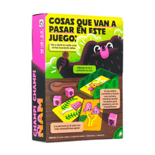 Parte trasera de la caja del juego de mesa infantil Champi Champi Ñam con ilustraciones de oso y dados