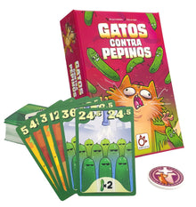Caja del juego de cartas Gatos Contra Pepinos en rosa con ilustraciones felinas y verdes