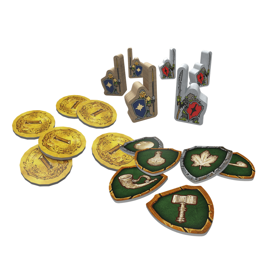 Fichas madera y monedas doradas componentes juego estrategia El Señor de los Anillos