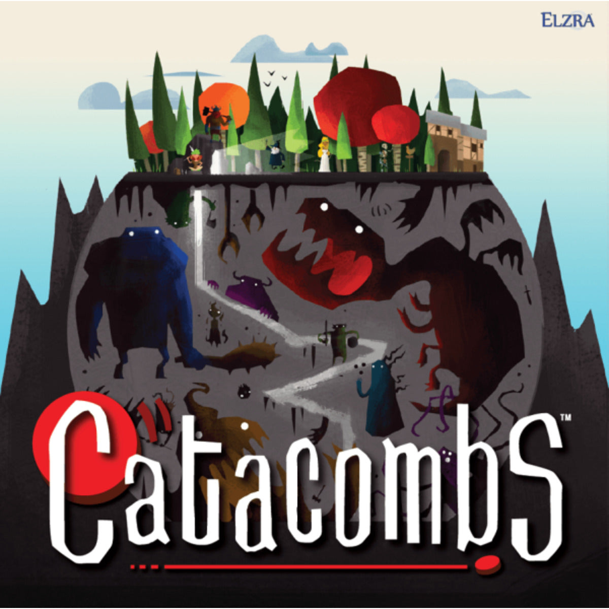 Catacombs juego de mesa arte de portada con criaturas y paisaje