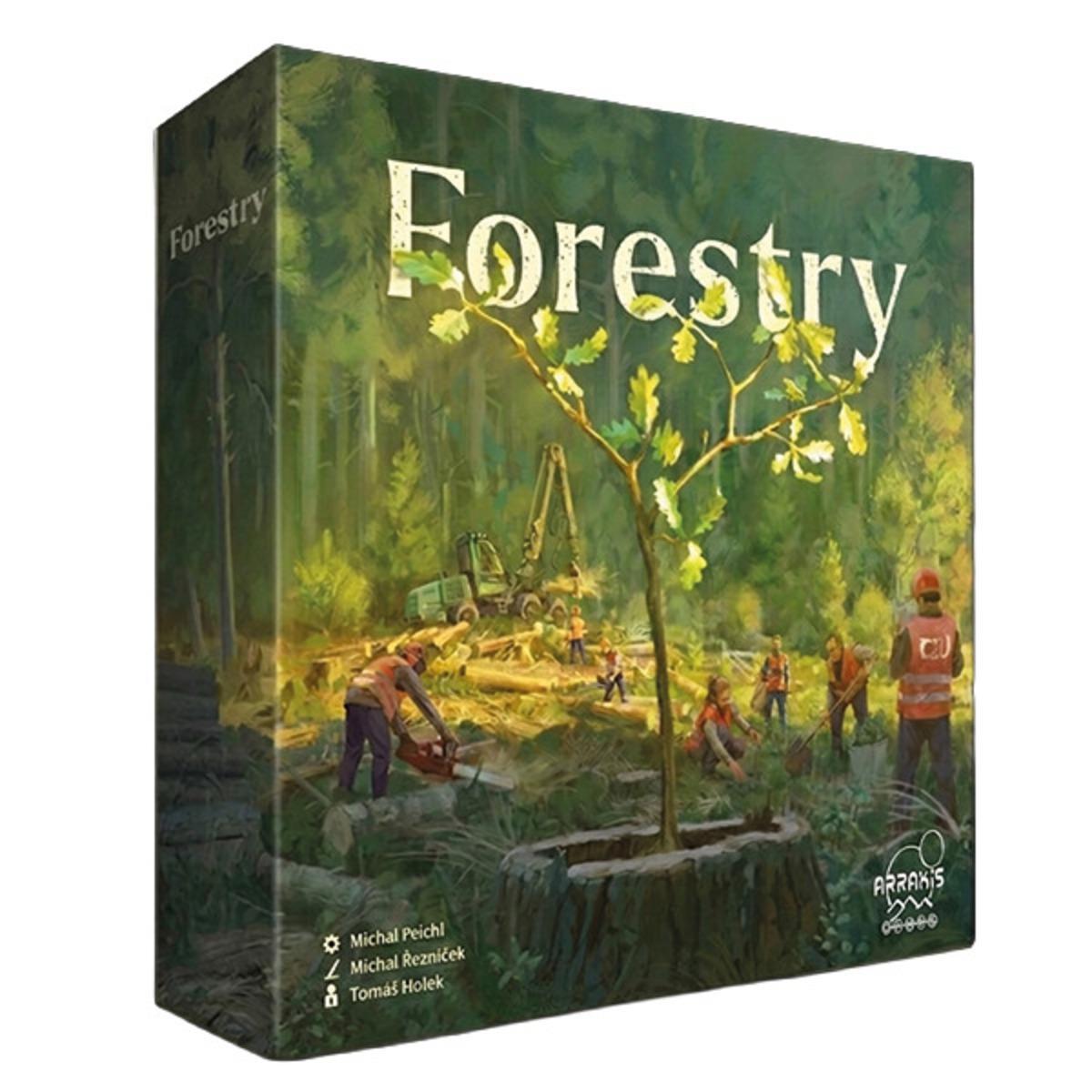 Caja del juego de mesa Forestry, eurogame de gestión forestal sostenible con ilustración de bosque y cosechadora