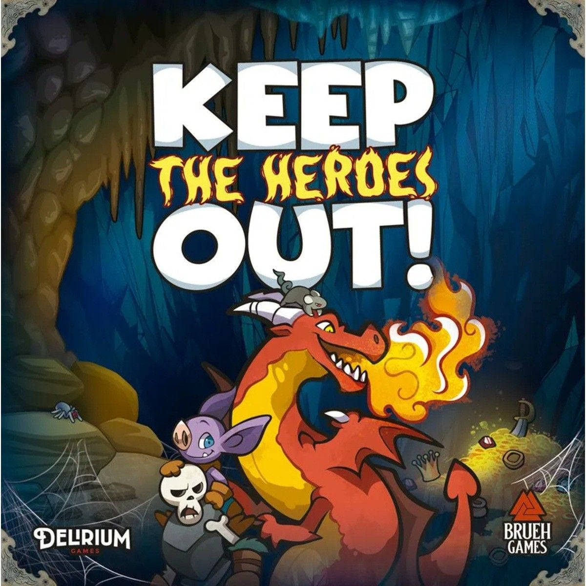 Caja del juego de mesa Keep the Heroes Out con arte de monstruos y mazmorra