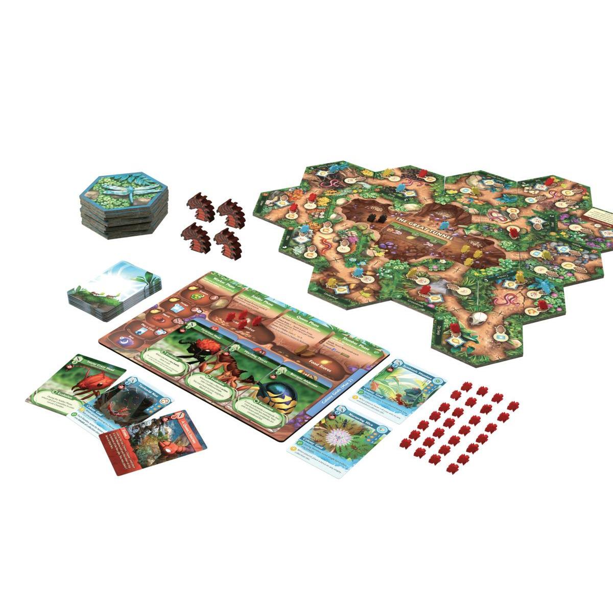 Juego de mesa La Marcha de las Hormigas con tablero hexagonal y piezas de hormiga
