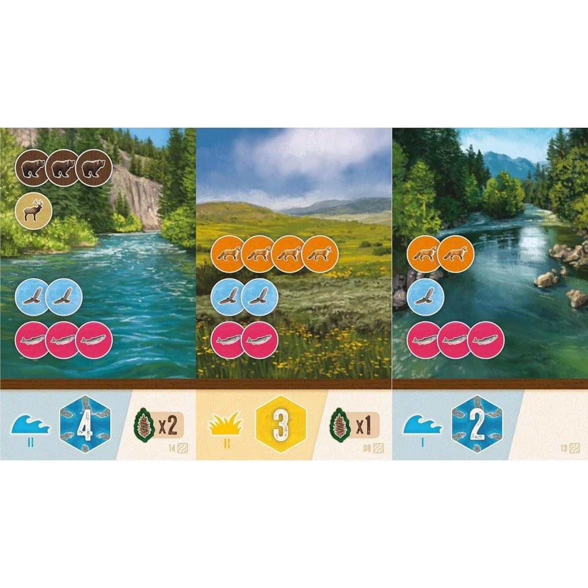 Paneles de hábitat Cascadia con tokens de animales, dados y contadores