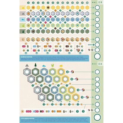 Hoja de juego hexagonal Cascadia con iconos de fauna y marcadores de puntuación