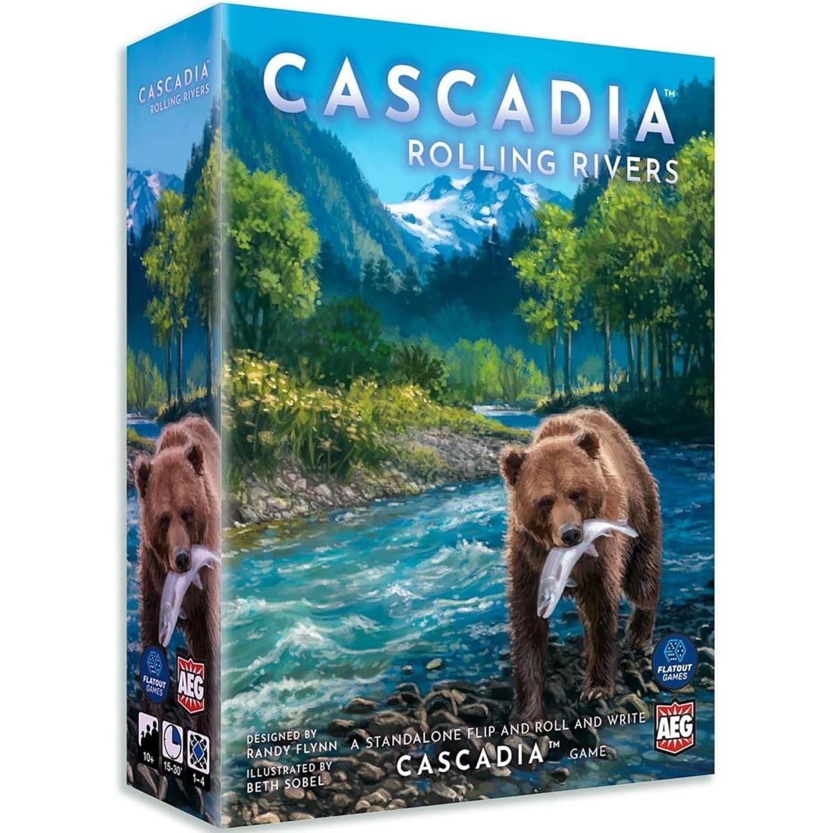Caja del juego de mesa Cascadia Ríos Rodantes con ilustración de oso y río