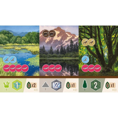 Componentes del juego Cascadia: hábitats, fichas hexagonales y contadores