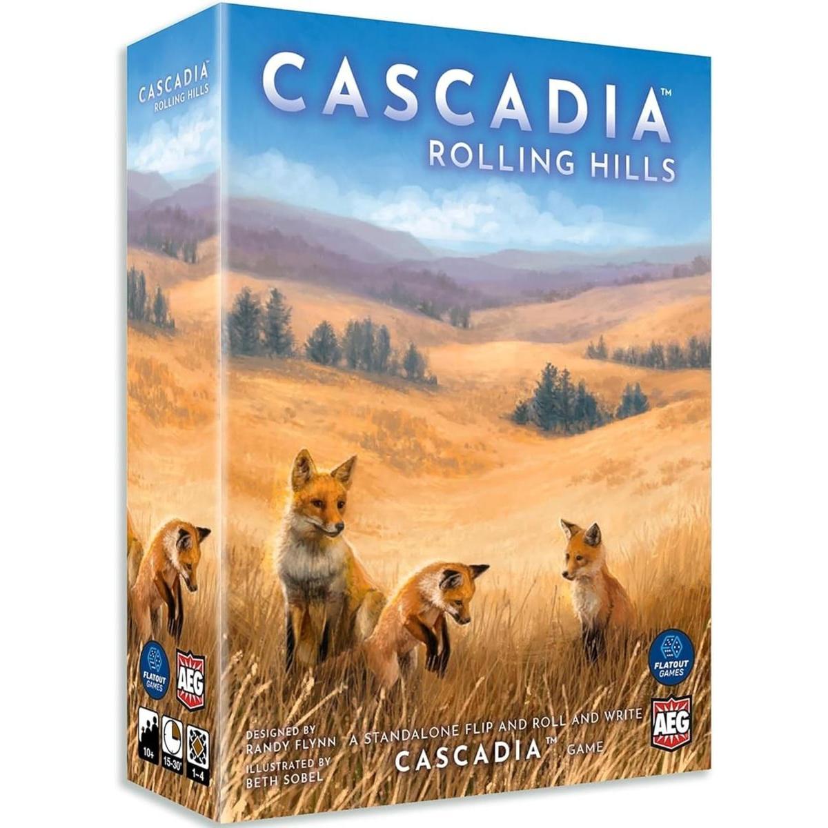 Caja del juego de mesa Cascadia con ilustración de zorros rojos y naturaleza