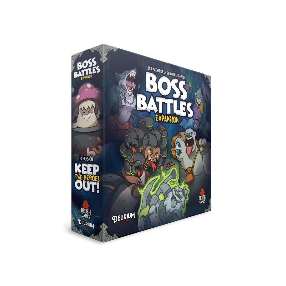 Caja del juego de mesa Keep the Heroes Out! Boss Battles, expansión cooperativa con arte oscuro