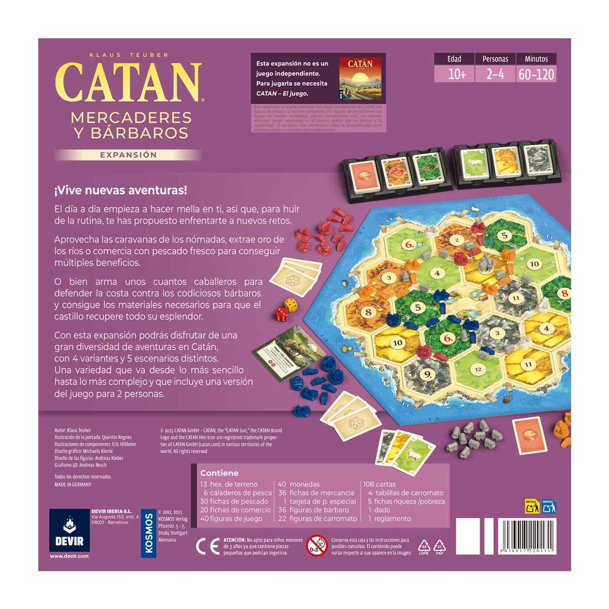 Dorso caja expansión Catan Mercaderes y Bárbaros lista de componentes y reglas
