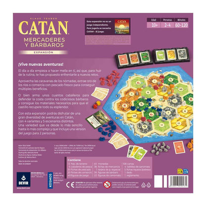 Dorso caja expansión Catan Mercaderes y Bárbaros lista de componentes y reglas