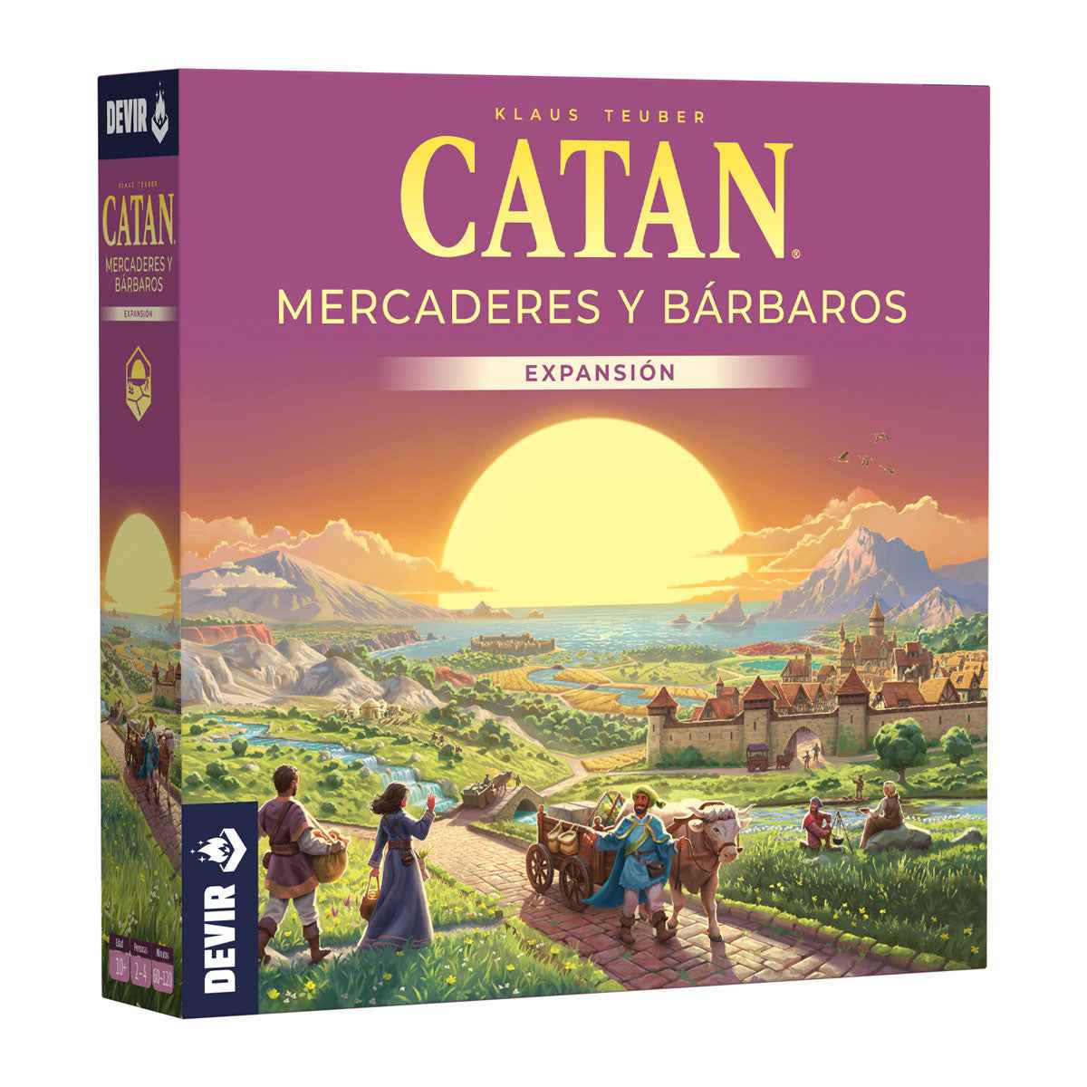 Caja expansión Catan Mercaderes y Bárbaros con arte de fantasía medieval