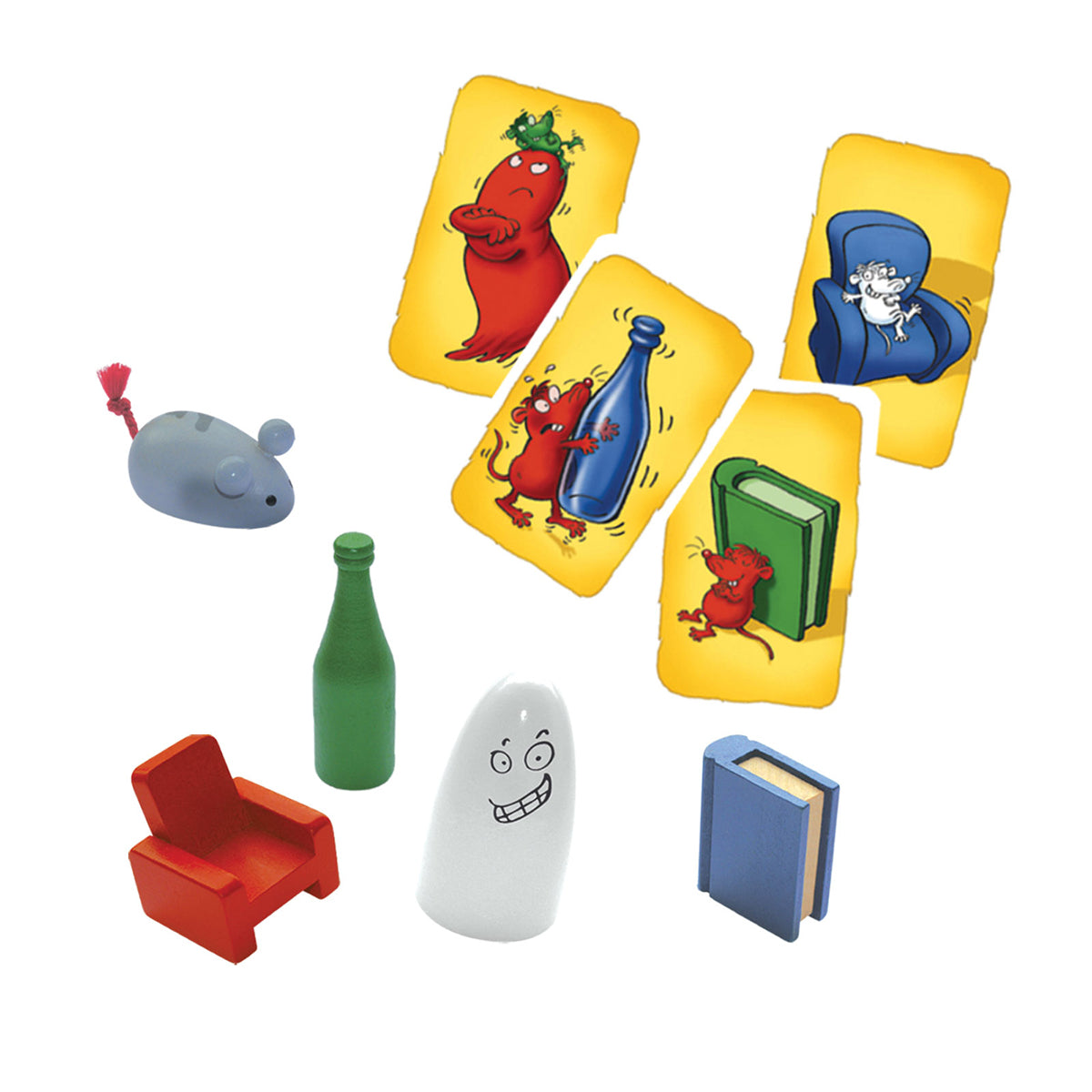 Componentes del juego de mesa Fantasma Blitz mostrando cartas ilustradas y miniaturas de madera