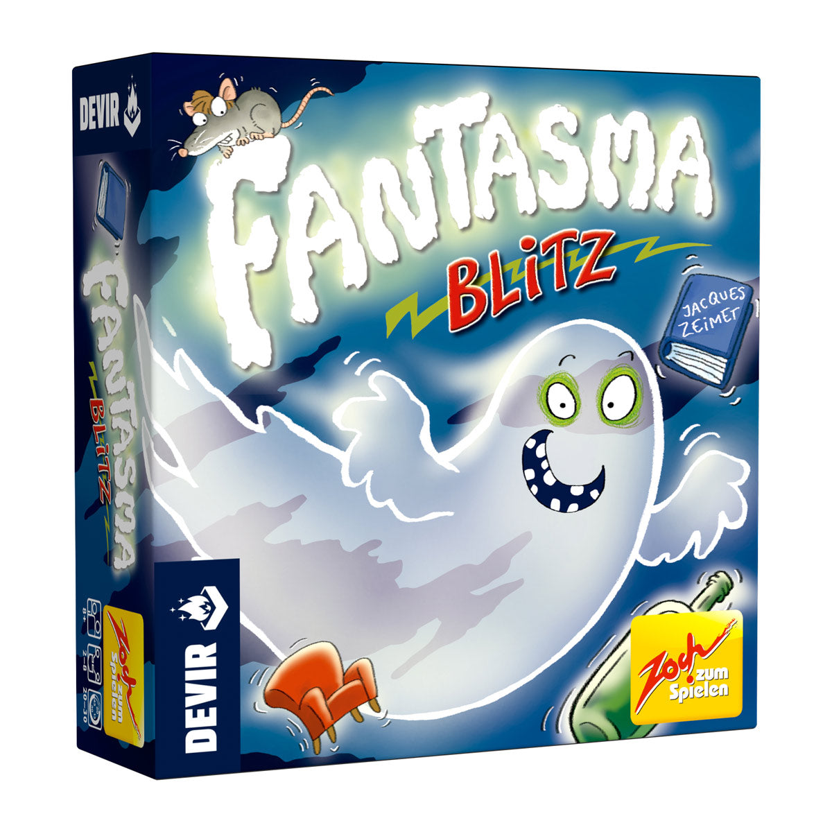 Caja del juego de mesa Fantasma Blitz con diseño colorido de fantasma sonriente para familias