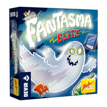 Caja del juego de mesa Fantasma Blitz con diseño colorido de fantasma sonriente para familias