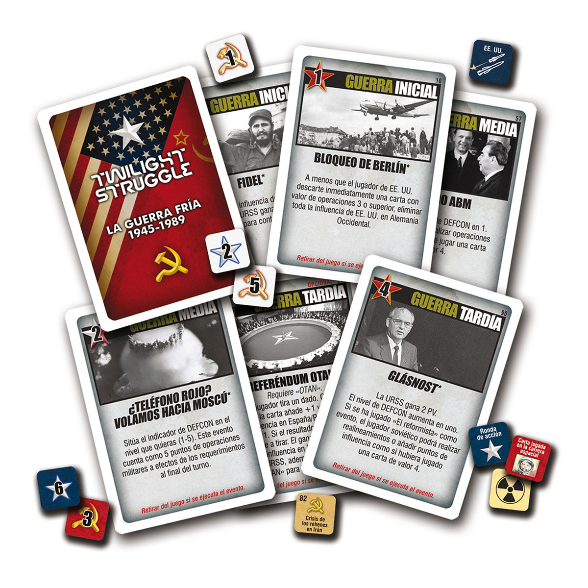 Cartas de eventos y componentes del juego Twilight Struggle