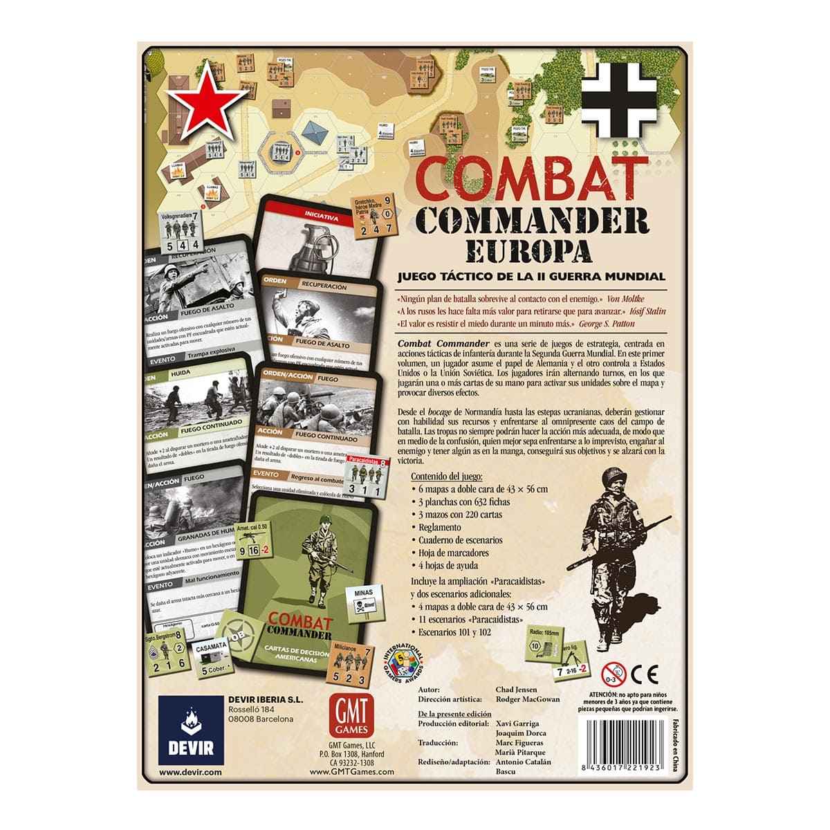 Dorso de la caja de Combat Commander Europa con mapa de Europa y lista de contenido del juego