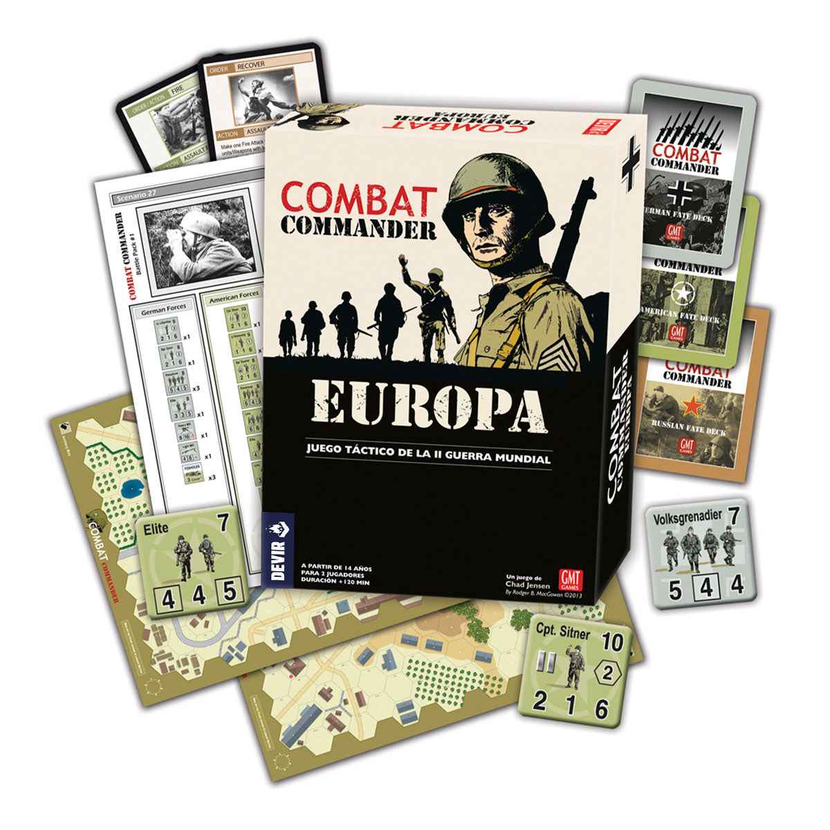 Contenido completo del juego Combat Commander Europa con mapas hexagonales, cartas y fichas desplegados