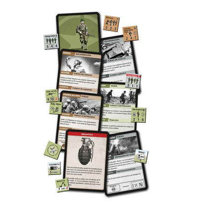 Cartas y fichas tácticas del juego de guerra Combat Commander Europa mostrando acciones y unidades