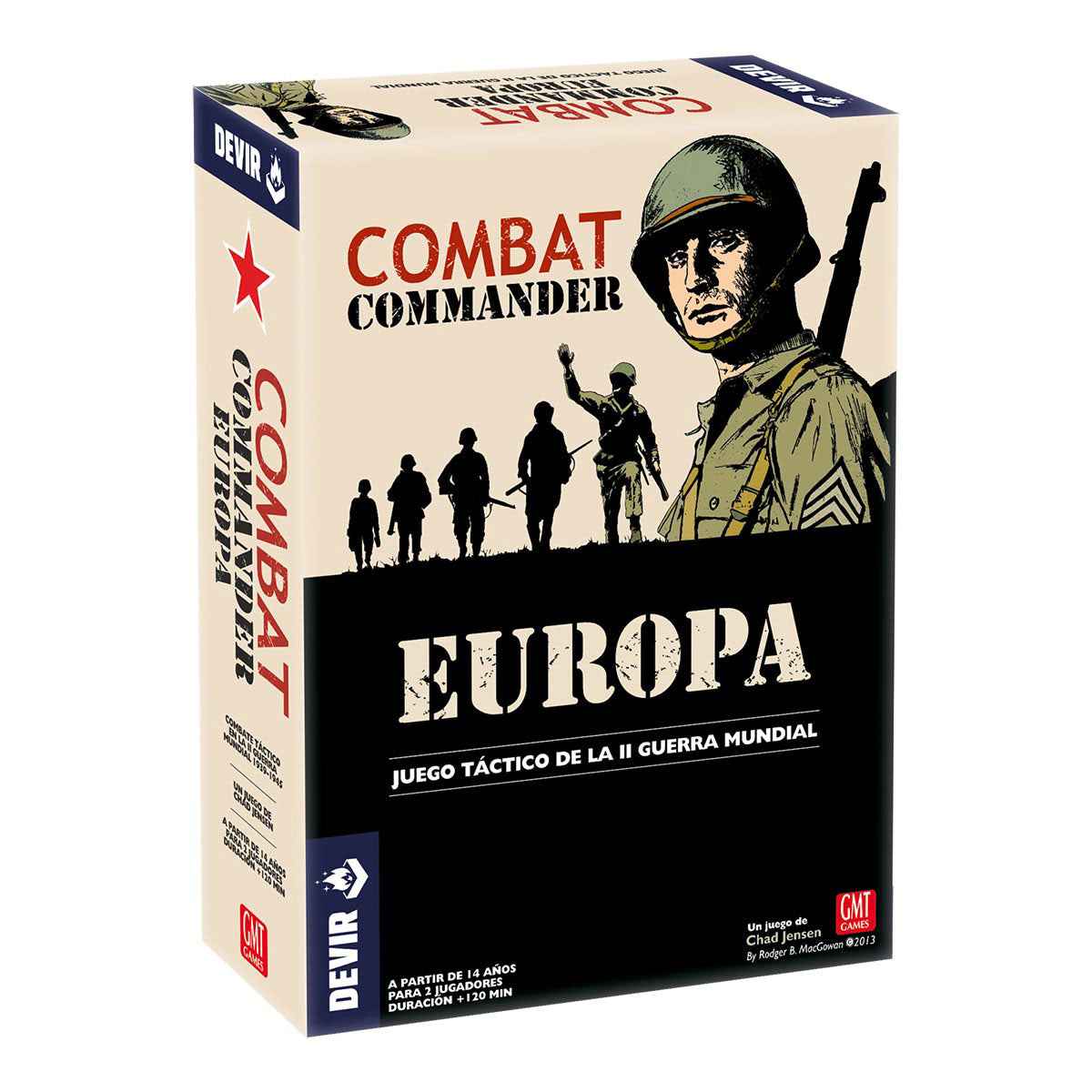 Caja de wargame táctico Combat Commander Europa para 2 jugadores con ilustración de soldado estadounidense