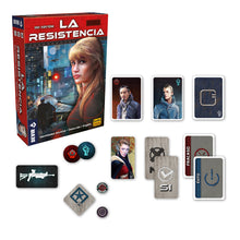 Componentes del juego de mesa La Resistencia y cartas de personaje