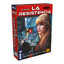 Caja del juego de mesa La Resistencia con arte futurista rojo