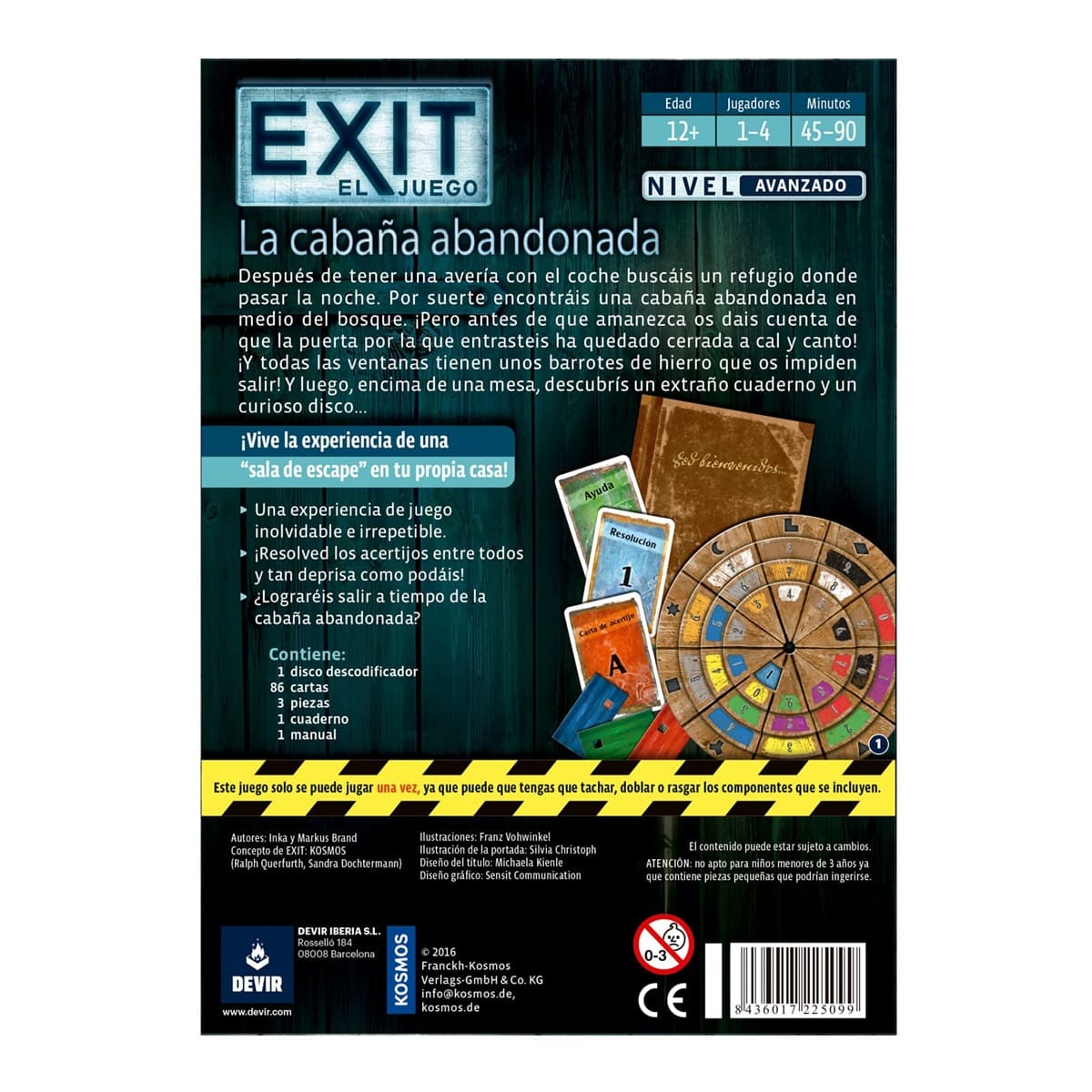 Dorso caja juego cooperativo EXIT La cabaña abandonada con disco descodificador y cartas