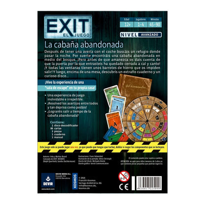 Dorso caja juego cooperativo EXIT La cabaña abandonada con disco descodificador y cartas