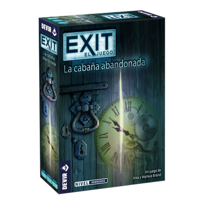Caja juego de escape EXIT La cabaña abandonada nivel avanzado con puerta madera y reloj