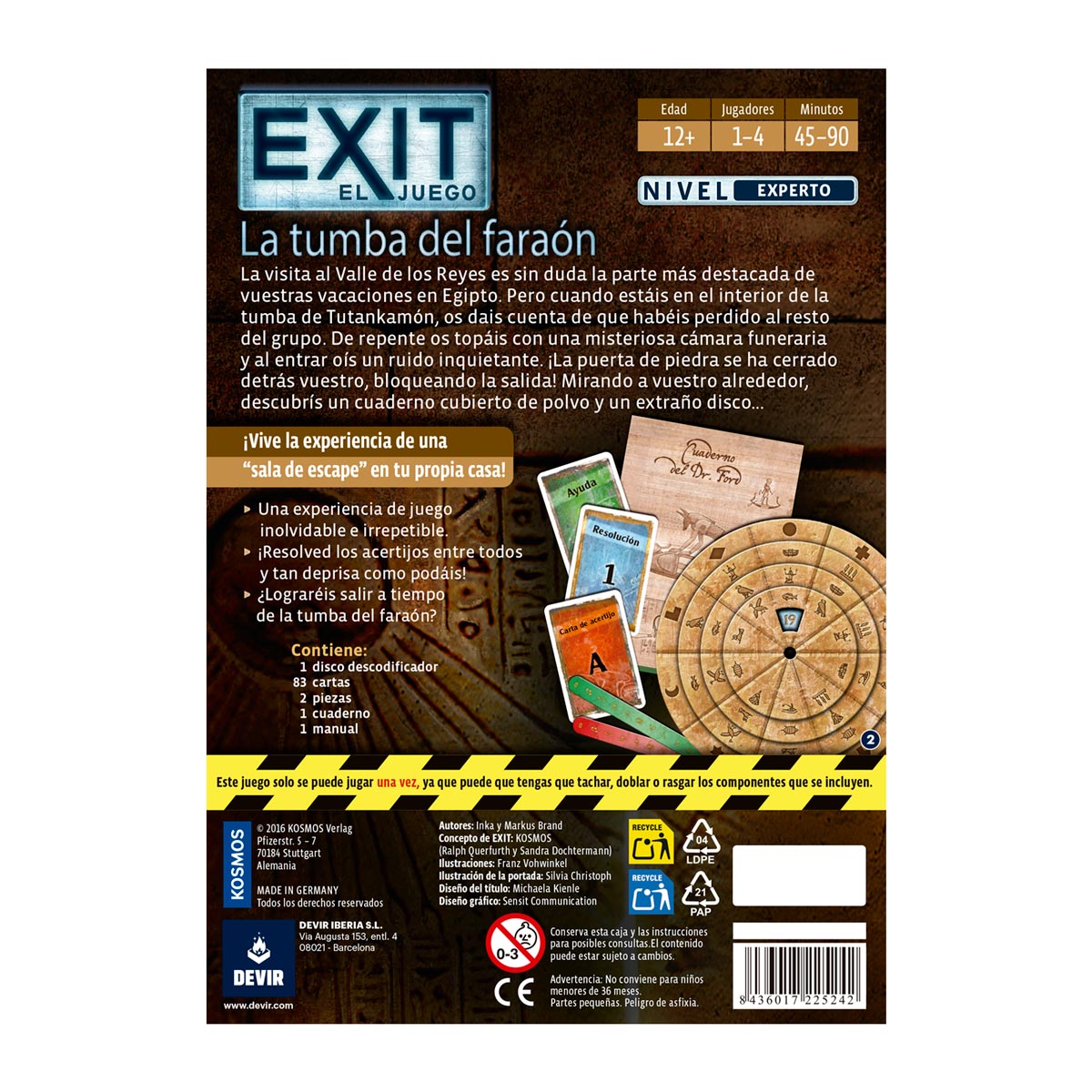 Dorso caja juego cooperativo EXIT La Tumba del Faraón nivel experto para 1-4 jugadores