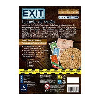 Dorso caja juego cooperativo EXIT La Tumba del Faraón nivel experto para 1-4 jugadores