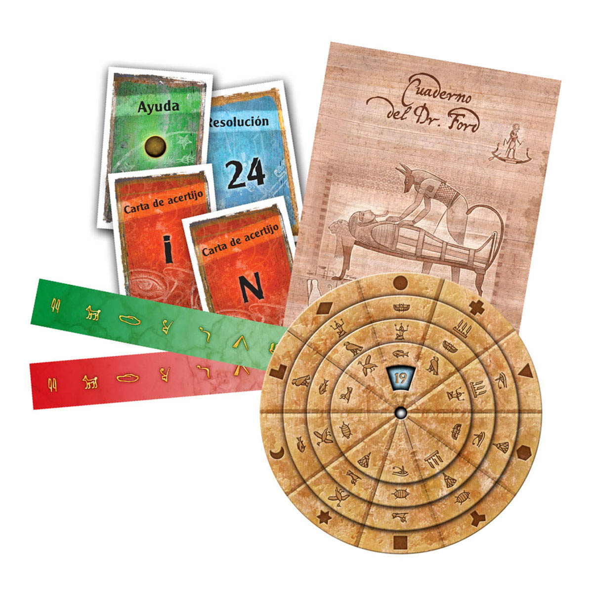 Componentes juego de mesa EXIT La Tumba del Faraón con disco giratorio y cartas egipcias